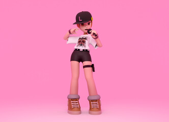 Kpop rapper girl with microphone hands. 3D Illustration 