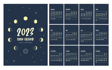 Obraz premium Calendar with all the moon phases foreseen during the year 2023. Poster in vector format. One month per sheet. Isolated icons: can be used independently. Northern Hemisphere Calendar.