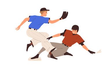 Fototapeta na wymiar Two baseball players rivals playing, struggling at sport game match, competition. Athletes opponents competitors from different teams at contest. Flat vector illustration isolated on white background