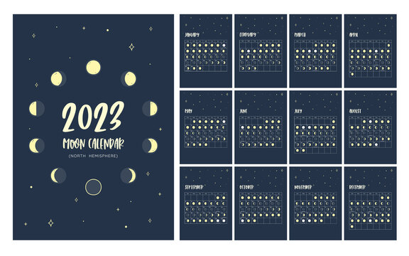 Calendar With All The Moon Phases Foreseen During The Year 2023. Poster In Vector Format. One Month Per Sheet. Isolated Icons: Can Be Used Independently. Northern Hemisphere Calendar.