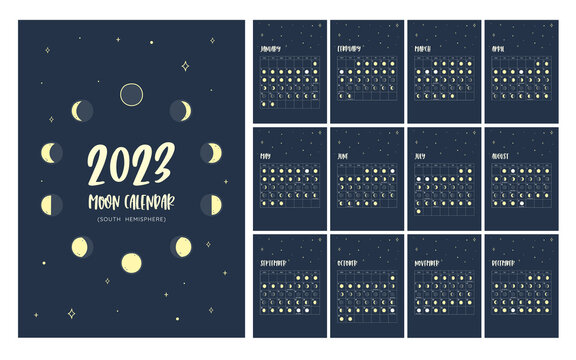 Calendar with all the moon phases foreseen during the year 2023. Poster in vector format. One month per sheet. Isolated icons: can be used independently. Southern Hemisphere Calendar.