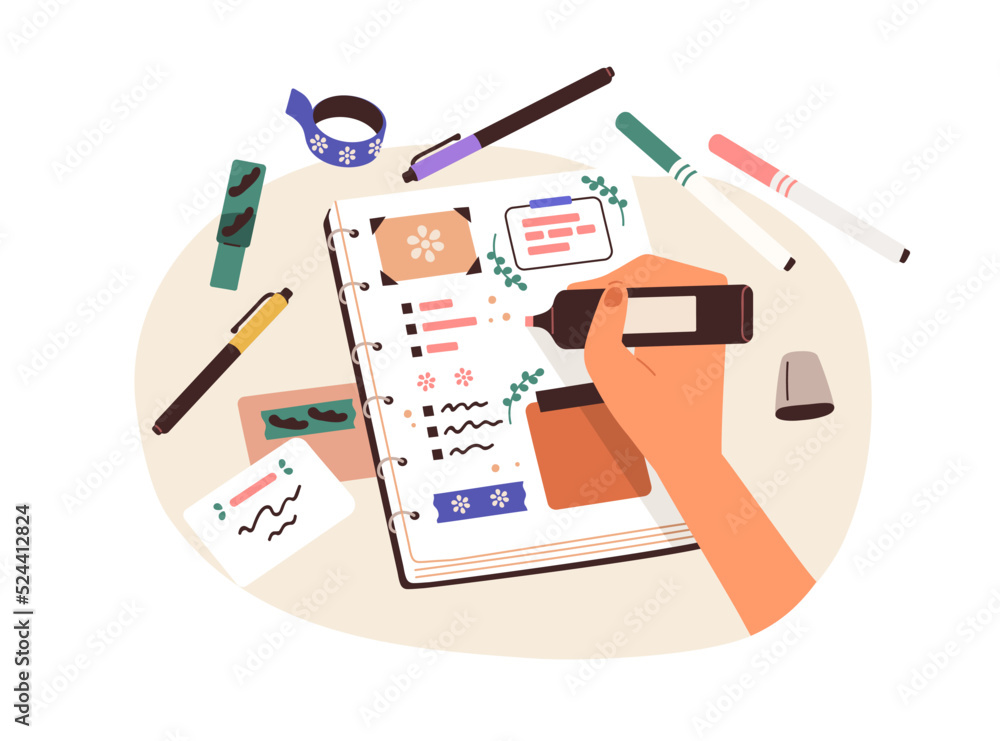 Poster hand writing note in personal girls diary. designing scrapbook, notebook with stickers. handwriting 