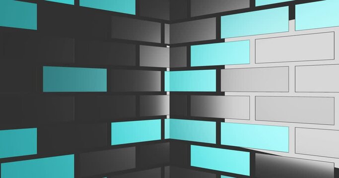3d render with a metal corner blue wall made of rectangles