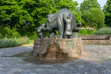Fototapeta na wymiar Fountain with an elephant at the Rheinaue in Bonn