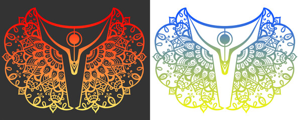 Gradient ornament. Two gradient patterns. Red-yellow coloring on a dark background. Yellow-blue coloring on a white background. Stylized floral ornament.