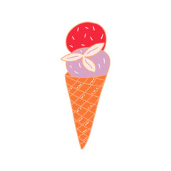 Two scoops ice cream in cone-shaped waffle cup with mint leaves. Colorful vector isolated doodle illustration. Delicious summer dessert. Hand drawn contour clip art