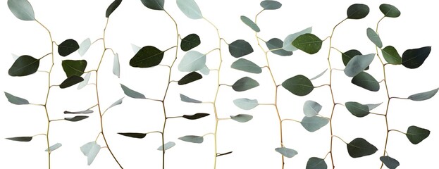 Fresh spring leaves on branches isolated on white background, horizontal composition.