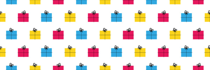 Wide horizontal vector seamless pattern background with colorful gifts, presents, packages for birthday, party, christmas celebration design.
