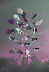 Leaves and branches against the sky, abstract purple colors.