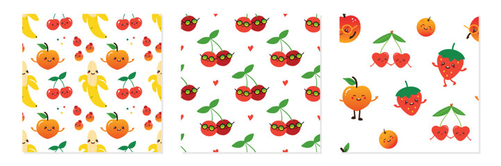 Set, collection of three vector seamless pattern background with cute fruits and berries characters. Cherry, banana, peach, strawberry, orange characters patterns for food and nature design.