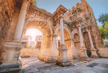 Famous gate or Hadrian arch in Antalya without visitors. Travel landmarks and must-see tourist and...
