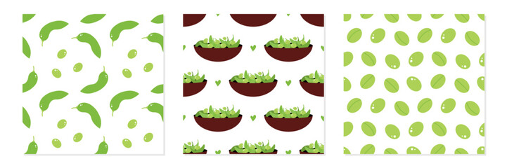 Set, collection of three vector seamless pattern backgrounds with edamame, green soy beans for healthy food and snack design.