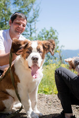 young couple travelling with dogs at the mountains, St.Bernard dog and yourkshire terrier