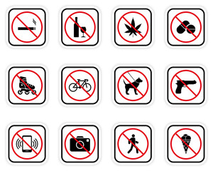 Forbidden Caution Pictogram Set. Restriction Area Ban Black Silhouette Icon Collection. Warning Red Stop Circle Symbol. Alert No Allowed Zone Sign. Prohibited Icon. Isolated Vector Illustration
