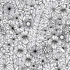 Fototapeta premium Botanical background with different flowers. Coloring book. Seamless floral pattern. Vector illustration.