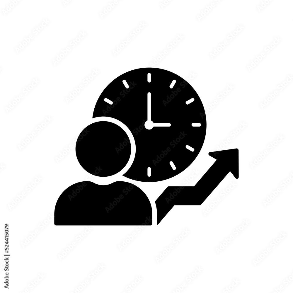 Poster time management silhouette icon. efficiency productivity clock control black pictogram. optimization