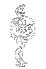 An ancient Roman warrior legionnaire stands with a shield and a sword in his hands. Figure isolated on white background.