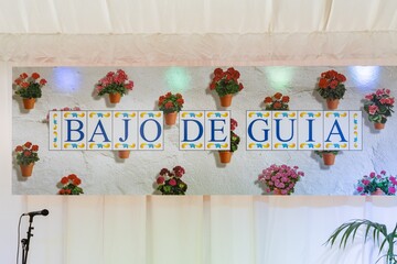 Background of a stand decorated with flowerpots at the Feria de la Manzanilla, in Sanlucar de Barrameda, Cadiz (Spain).