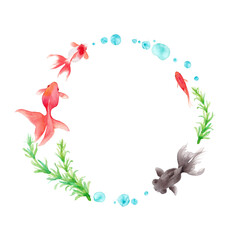 Fototapeta na wymiar 金魚と水草の水彩イラストで装飾した円形フレーム（透過背景）