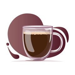 Vector illustration of  glass mug with double bottom of coffee on dark gradient background. Coffee cup with americano. Coffee illustration for banner, website, social media, flyer and and postcard