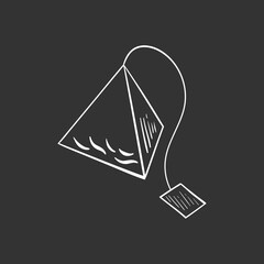 Tea bag in doodle style, vector illustration. Icon teabag for print and design. Isolated element on chalk board background, hand drawn sketch. Organic food and drink concept