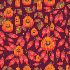 Autumn watercolor leaf's and pumpkins seamless. Yellow, orange, red, brown colors. Halloween celebration.