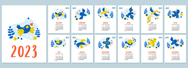 Calendar template for 2023 with decorative yellow-blue birds of happiness with hearts and flowers. Vertical set of 12 pages and cover in English. Vector illustration. Week from Sunday. Stationery