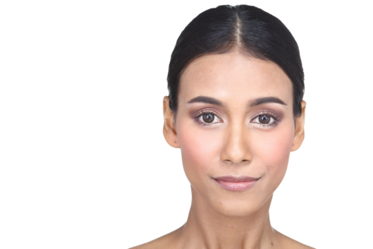 Half body portrait 20s Beautiful Asian black hair woman, fashion cosmetic make up and beautiful face eye lips with clean clear skin, studio lighting white background isolated