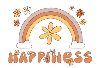 Retro print with flowers, rainbow, clouds, lettering Happiness. Vector illustration for t-shirt, poster and other