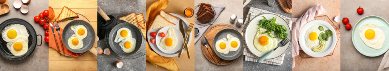 Collage with tasty fried eggs, top view