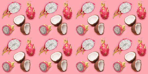 Many tasty dragon fruits and coconuts on pink background. Pattern for design