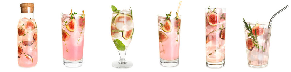 Set of tasty fig lemonade on white background