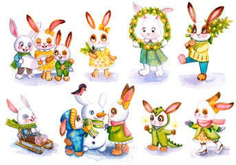 Watercolor christmas bunnies (in a sweater, with fir branches, with sparklers, with tree, with christmas wreath, making snowman,skates, singing carols, sledding) on white background