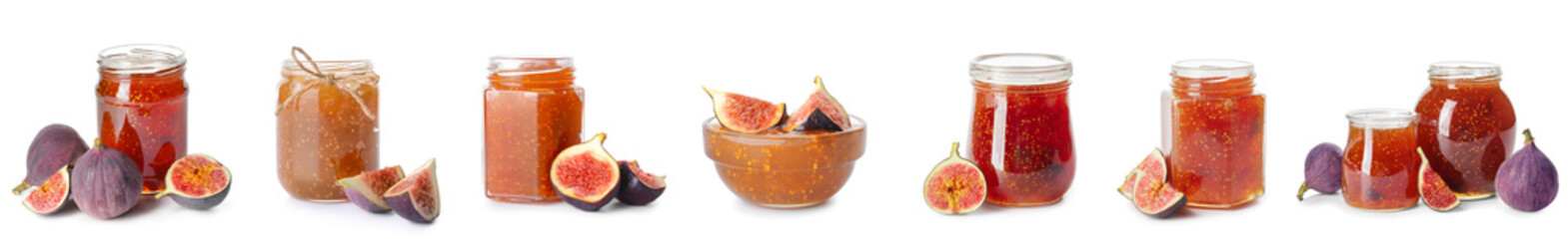 Set of sweet fig jam on white background