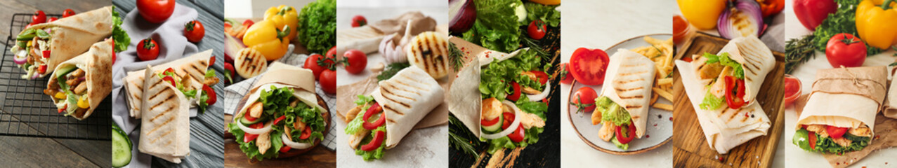 Collage with tasty fresh doner kebab