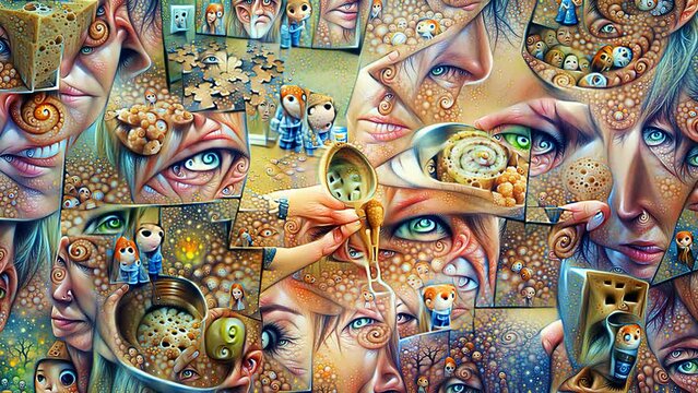 AI generated NFT crypto art of faces and eyes. Cubist digital image manipulation of an artificial intelligence.Cyberart travel into the mind concept.