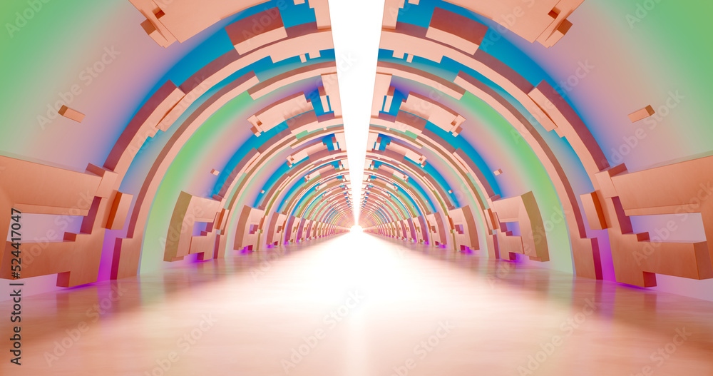 Poster 3d rendering. a corridor made of light marble with decorative elements on the wall extending into th