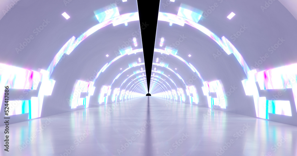 Poster 3d rendering. a corridor made of light marble with decorative elements on the wall extending into th