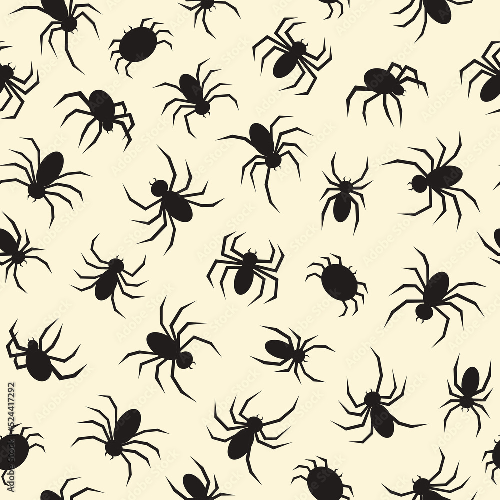 Poster Seamless pattern with black spiders on a beige  background. Simple vector print with spiders theme for halloween