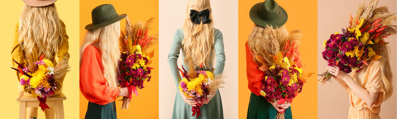 Collage of young woman holding beautiful autumn bouquet on color background - Powered by Adobe