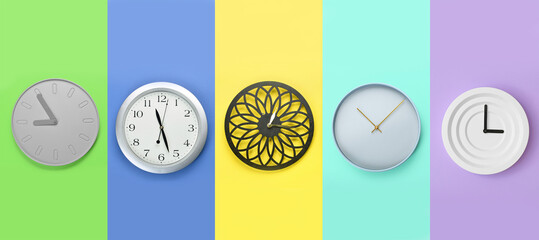 Set of different clocks on colorful background