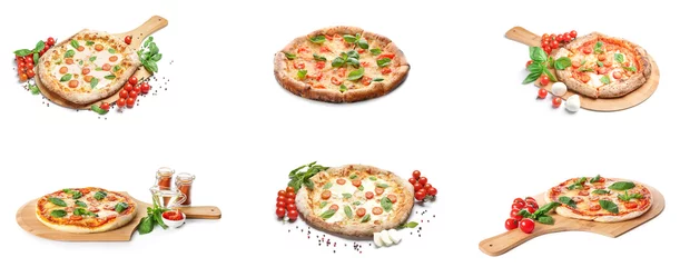Crédence de cuisine en verre imprimé Légumes frais Set of tasty pizza Margarita isolated on white