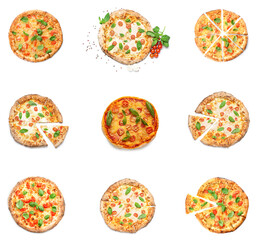 Set of tasty pizza Margarita isolated on white, top view