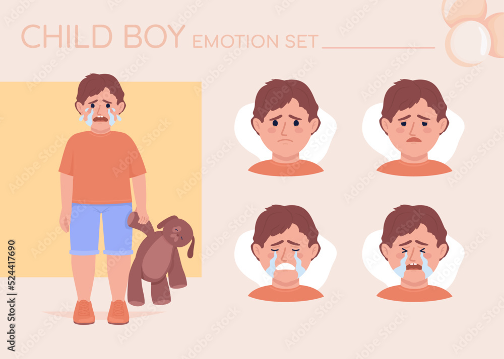 Poster offended little boy crying semi flat color character emotions set. editable facial expressions. sadn