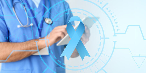 Doctor and blue ribbon on virtual screen against light background. Prostate cancer awareness concept