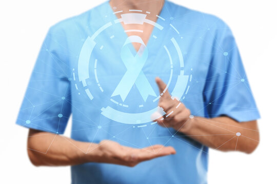 Doctor and blue ribbon on virtual screen against light background. Prostate cancer awareness concept