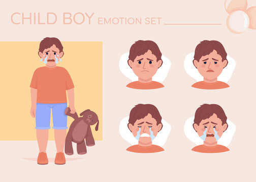 Offended little boy crying semi flat color character emotions set. Editable facial expressions. Sadness vector style illustration for motion graphic design and animation. Quicksand font used