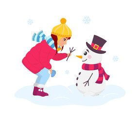 Cute girl in pink down jacket building a snowman. Dressed in top hat and colorful scarf snowman is waiting for his hand. Winter outdoor activity with snow for kids. Flat design vector illustration