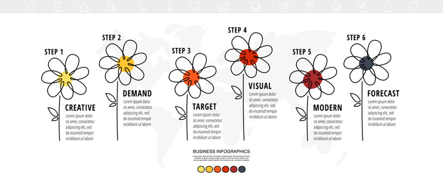 Vector presentation or infographics concept with 6 steps. Business color chart in the line shape of a flower (tree). Flat info graphic for technology, education, ecology, network