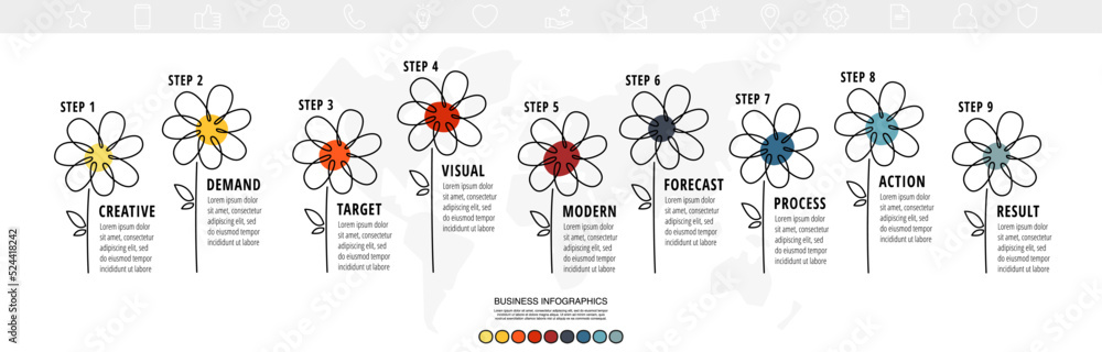 Poster vector presentation or infographics concept with nine steps. business color chart in the line shape 